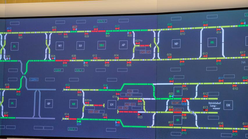 Auf einem schematischen Netzplan, der alle Streckenabschnitte mit Weichen und Signalen abbildet, können die Disponenten die Position jedes Zuges ablesen.