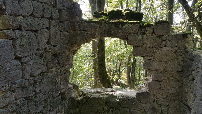 Durch den aufgemauerten Fensterbogen geht der Blick hinab in den Hangwald.