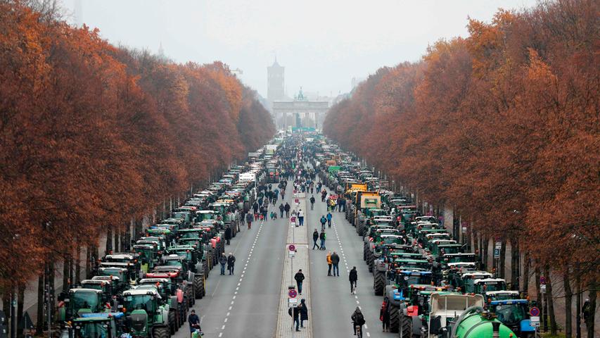Overall view shows hundreds of farmers lining up with their tractors along "Strasse des 17. Juni" Avenue towards Brandenburg Gate (background) during a protest on November 26, 2019 in Berlin against the German government's agricultural policy including plans to phase out glyphosate pesticides and to implement more animal protection. (Photo by Odd ANDERSEN / AFP)