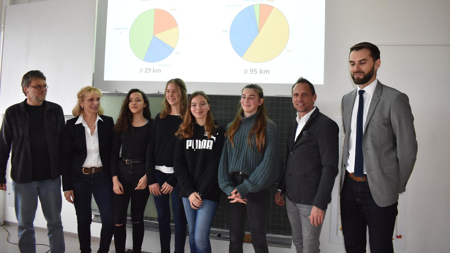 Der bayerische Umweltminister aus Pinzberg stand ihnen Rede und Antwort: Thorsten Glauber (2.v.r.) mit Lehrern und Schülern in der Realschule Gräfenberg.