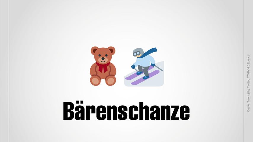 Ein süßer Bär und dazu ein Skifahrer auf der Abfahrt zu einer Sprungschanze - zusammen ergeben die beiden Emojis die Bärenschanze.