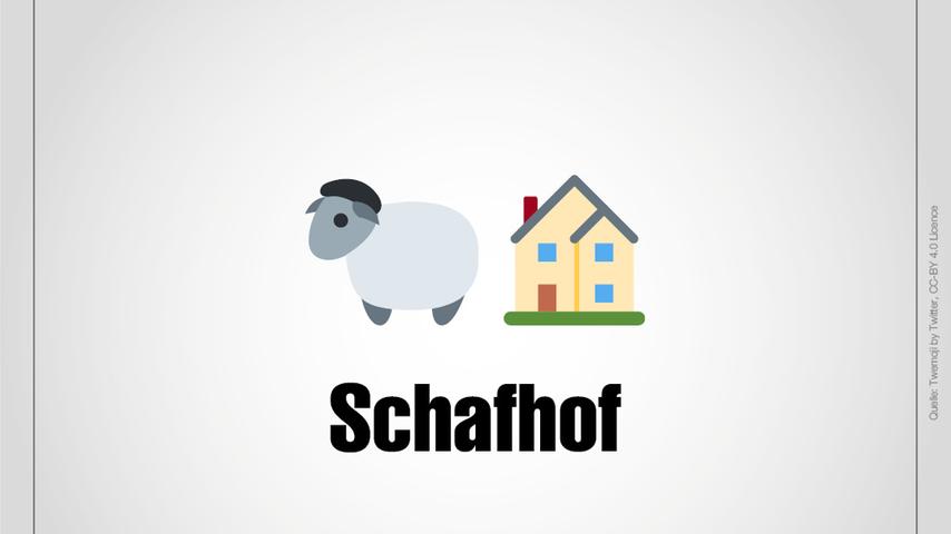 Auch hier verrät Emoji Nummer eins schon relativ viel: Ein Schaf vor einem Gebäude. Wenn man das Gebäude richtigerweise als Hof erkennt, ergibt sich das Gebiet Schafhof.
