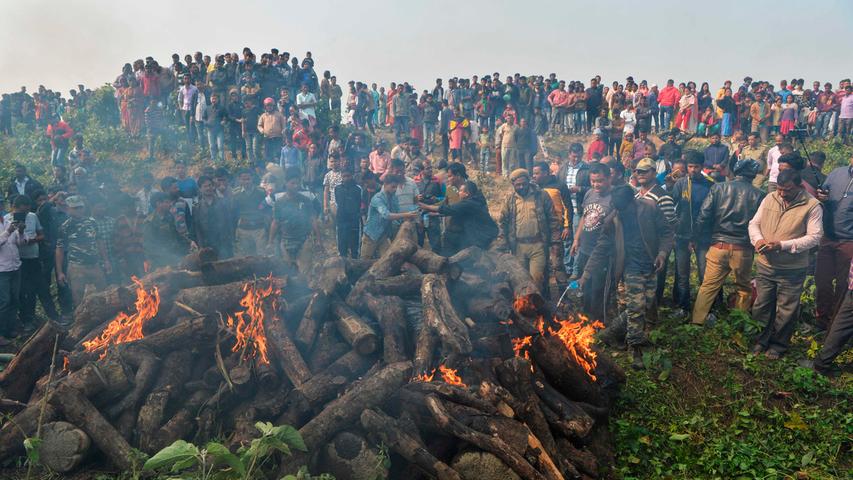 Polizisten und Forstarbeiter sowie einheimische Dorfbewohner beobachten, wie der Körper eines Elefanten verbrannt wird. Zuvor hatte ein rasender Personenzug zwei Elefanten auf den Gleisen im Dorf Batasi nahe der indisch-nepalesischen Grenze erfasst.