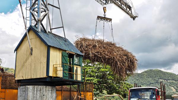 Mit diesem Kran aus den 1930er Jahren verladen sie Zuckerrohr auf Lastwagen.