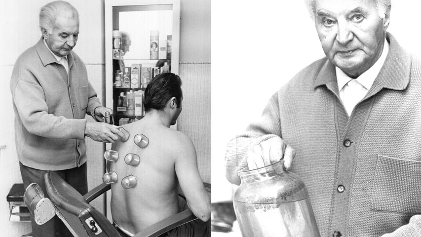 Schon seit 56 Jahren behandelt Paul Urban – wie sein Vater – seine Patienten bei Venenentzündungen erfolgreich mit Blutegeln (rechts). Ein altbewährtes Mittel gegen zu hohen Blutdruck – oft vom Arzt verschrieben: gekonnt schlägt der Bader die Schröpfköpfe auf den Rücken seines Patienten. Hier geht es zum Artikel vom 22. Dezember 1969: Der letzte Bader