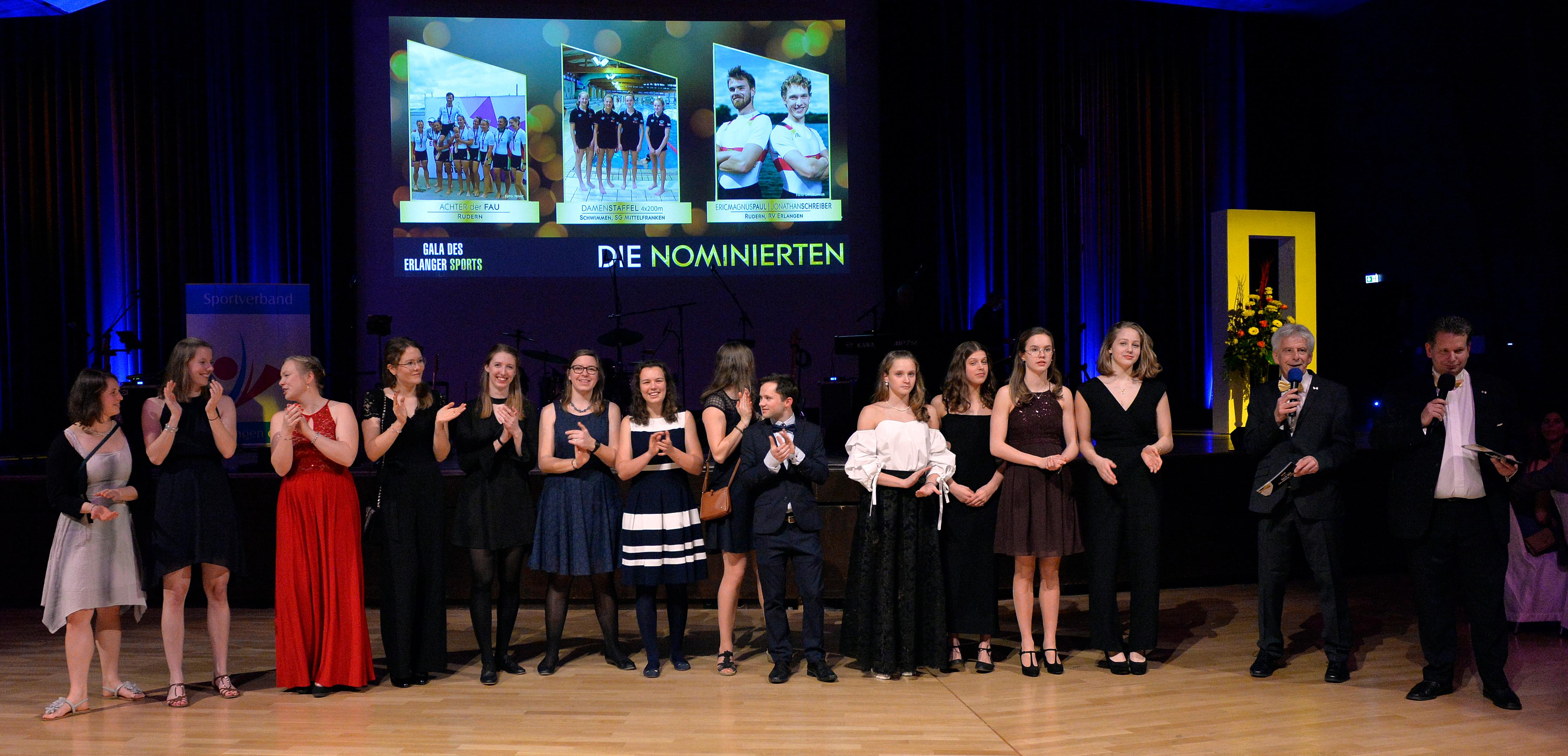 Für den Titel Mannschaft des Jahres waren nominiert: der Ruder-Achter der FAU Erlangen-Nürnberg (ganz links), der Ruder-Doppelzweier mit Jonathan Schreiber (in der Mitte) und die Freistil-Damen-Staffel der SG Mittelfranken.