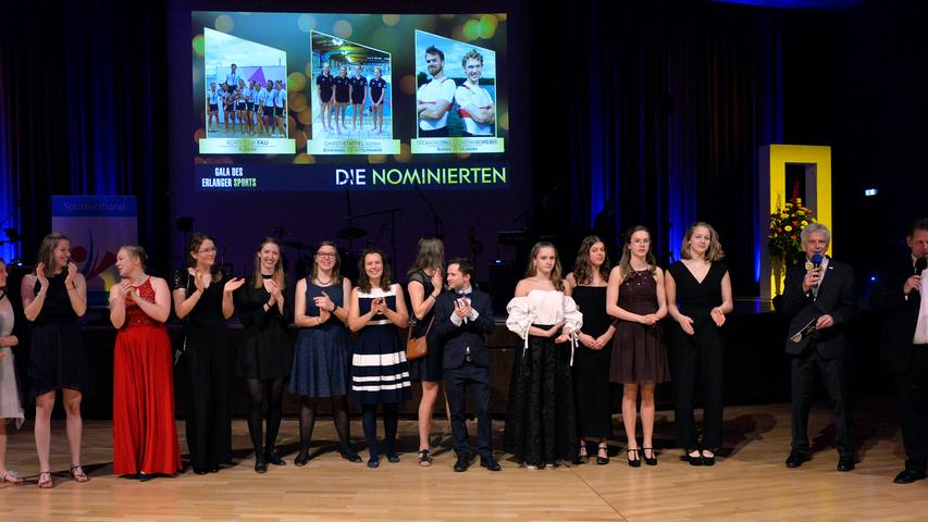 Für den Titel Mannschaft des Jahres waren nominiert: der Ruder-Achter der FAU Erlangen-Nürnberg (ganz links), der Ruder-Doppelzweier mit Jonathan Schreiber (in der Mitte) und die Freistil-Damen-Staffel der SG Mittelfranken.