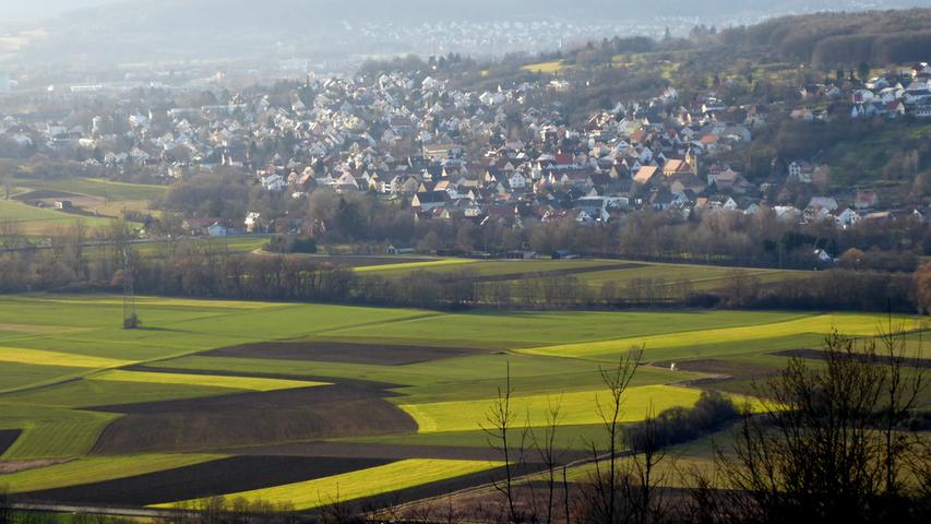 Ein typischer Wintertag 2020: Grüne, ja fast schon goldene Felder am Fuß des Walberla. Im Hintergrund Forchheim.