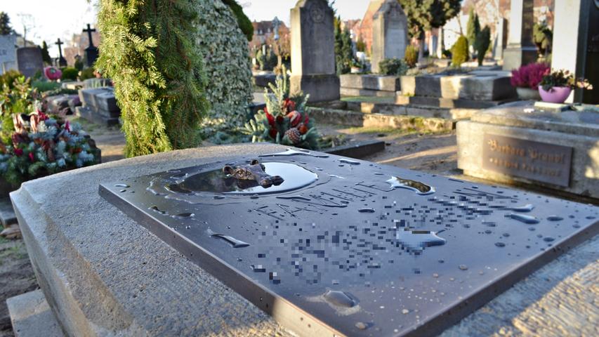Ein kleiner Hingucker auf dem Johannisfriedhof: Immer wenn es regnet, badet das Flusspferd in der Bronzeplatte.