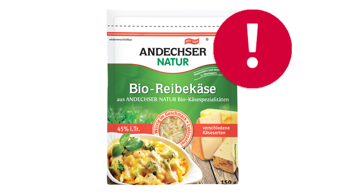 Die Andechser Molkerei Scheitz ruft das Produkt "Andechser Natur Bio Reibekäse" mit dem Mindesthaltbarkeitsdatum 03.04.2020 zurück.