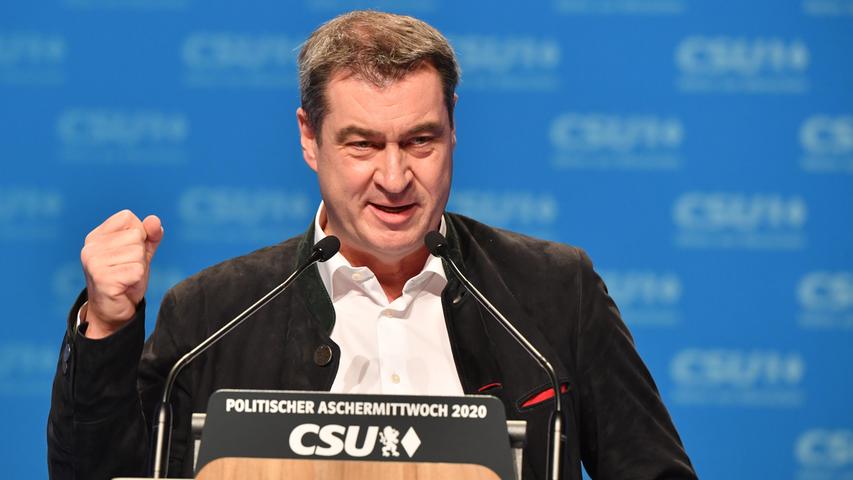 Ministerpräsident Markus Söder (CSU) zu Beginn seiner Rede: "Es gibt viele, die den politischen Aschermittwoch nachahmen wollen, aber der Chef im Ring ist die CSU, und das bleibt sie auch."