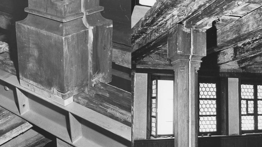 Im Dürerhaus am Tiergärtnertor werden Pfeiler gestützt (links) oder unterfangen. Rechts im Bild ist eine der schweren Zwischenwände zu sehen, die durch leichtere Konstruktionen ersetzt werden. Die Arbeiten dauern etwa noch ein halbes Jahr. Hier geht es zum Artikel vom 9. März 1970: Keine Parkplätze und viele Diebe