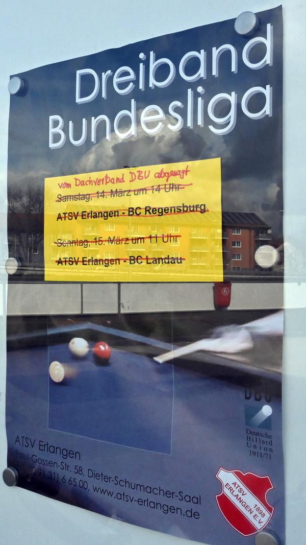 Keine Kugeln rollen: Die Deutsche Billardunion hat den gesamten Spielbetrieb bis auf unbestimmte Zeit abgesagt. Das trifft auch die Teams des ATSV Erlangen, die erste Mannschaft spiel in der zweiten Liga. Der Verein hat zudem die geplante Jahreshauptversammlung abgesagt.