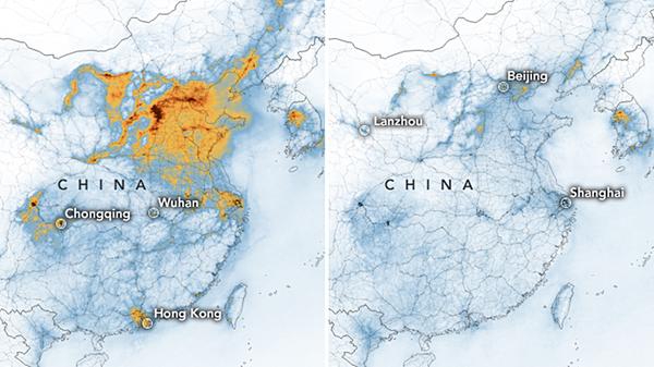 Die Konzentration von Stickstoffdioxid in der Luft ging in China im Vergleich von Januar und Februar deutlich zurück. Gelbe Gebiete weißen dabei einen hohen aus, blaue einen geringen Anteil an NO2 aus.
