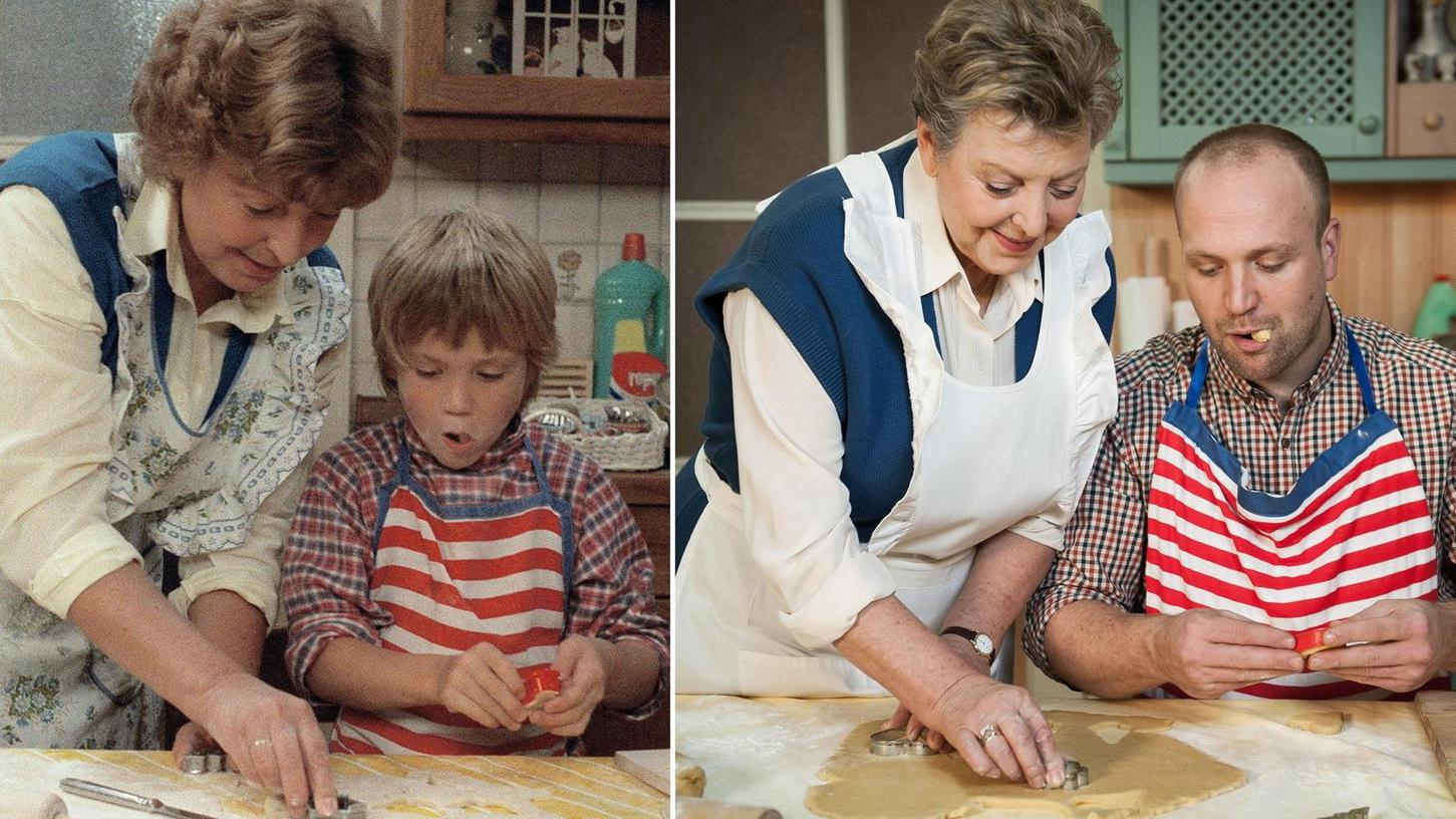 Exakt 27 Jahre liegen zwischen diesen Fotos: Links eine Szene von 1985 aus Folge 4 der „Lindenstraße“ mit Mutter Helga (Marie-Luise Marjan) und Klaus Beimer (Moritz A. Sachs). 2012 stellten sie das weihnachtliche Plätzchenbacken nochmal nach.