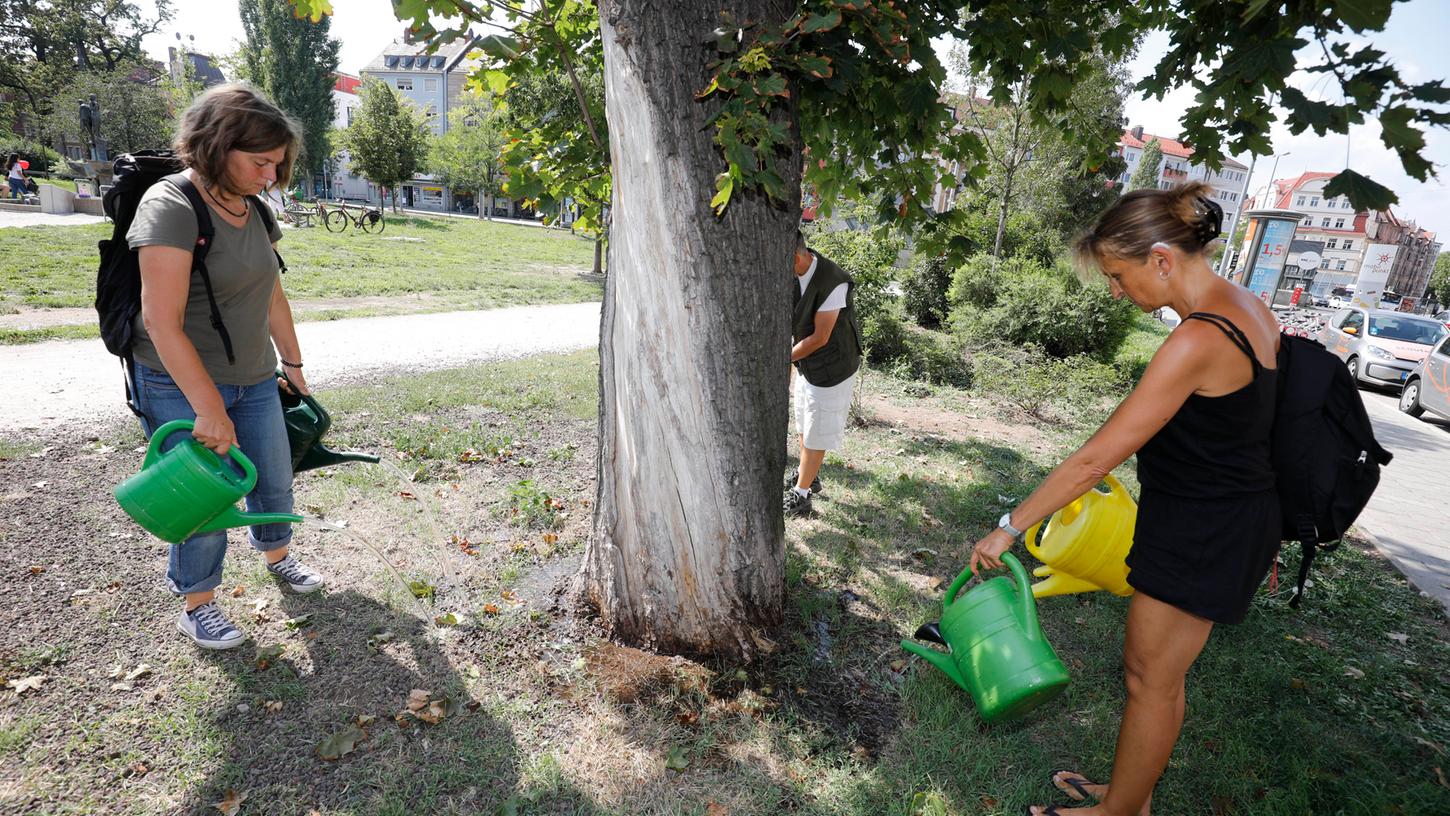 Die Hitzetage werden durch den Klimawandel zunehmen: Vergangenes Jahr im August gossen Bürger und Schüler Bäume im Archivpark am Friedrich-Eberth-Platz in Nürnberg. Die Hitzetage werden durch den Klimawandel zunehmen: Vergangenes Jahr im August gossen Bürger und Schüler Bäume im Archivpark am Friedrich-Eberth-Platz in Nürnberg.